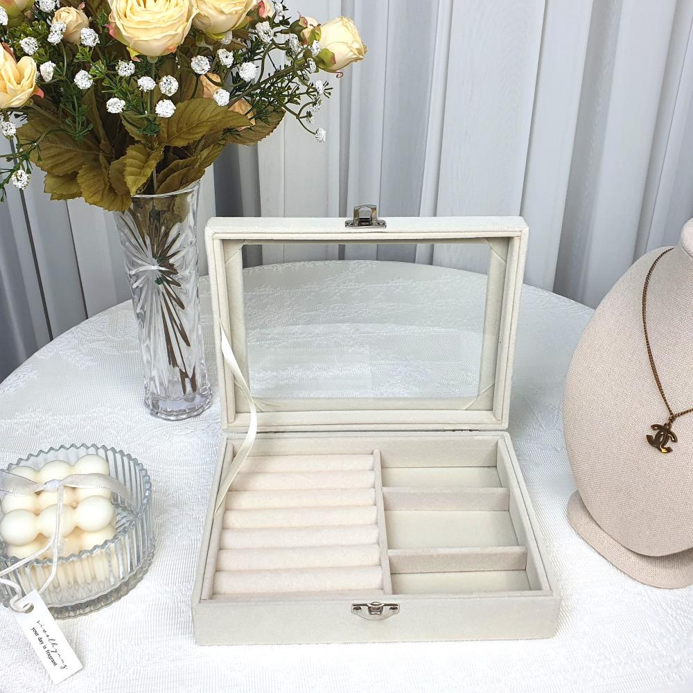엣지영 [당일출고]미니 칸칸벨벳 화장대 악세사리 보관함 보석함 유리-베이지