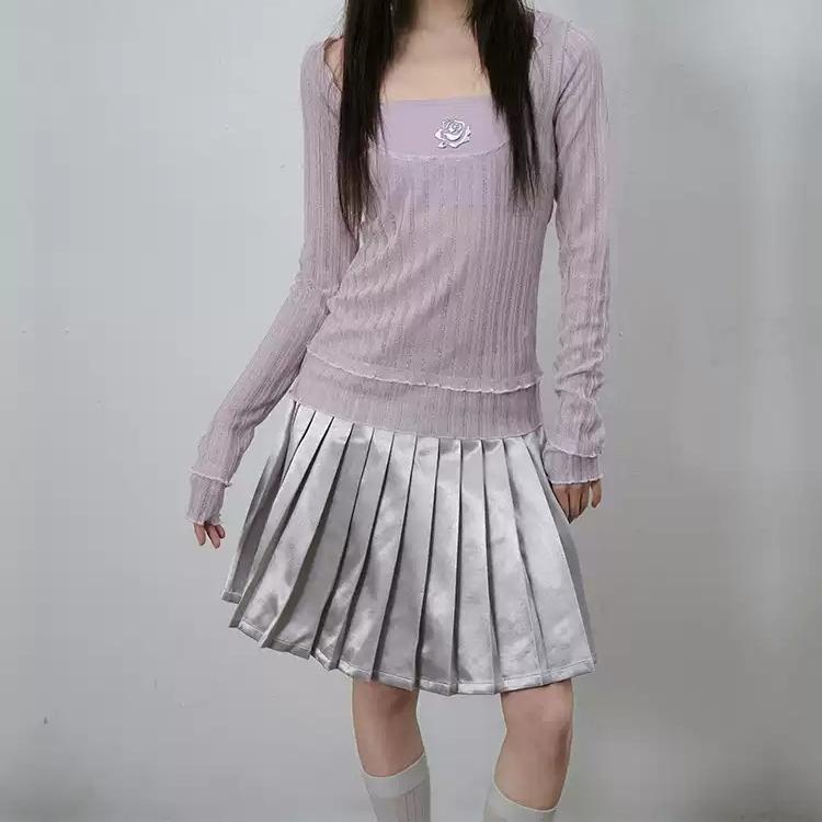 LVETONG 실버 가죽 스커트 A라인 PU 플리츠 치마