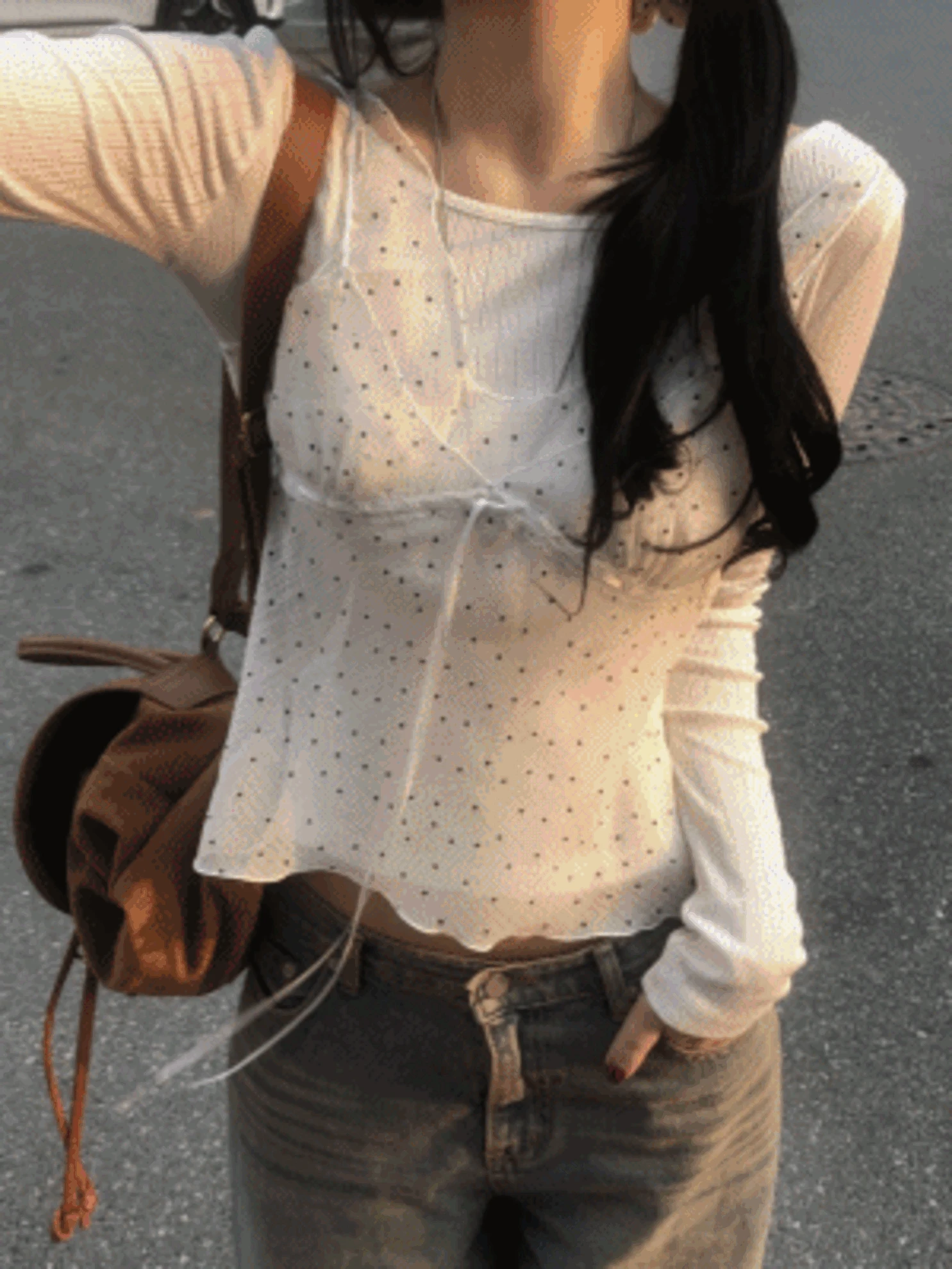 [lovely/실물보장] 컵케익 도트 나시 블라우스 리본 데이트룩 시스루 뷔스티에 (2col)