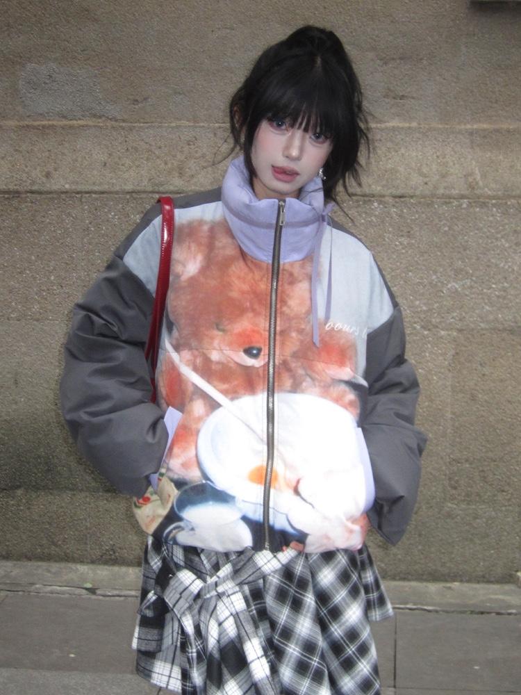 OOURS LAB Bear Restaurant Print Short Cotton Jacket