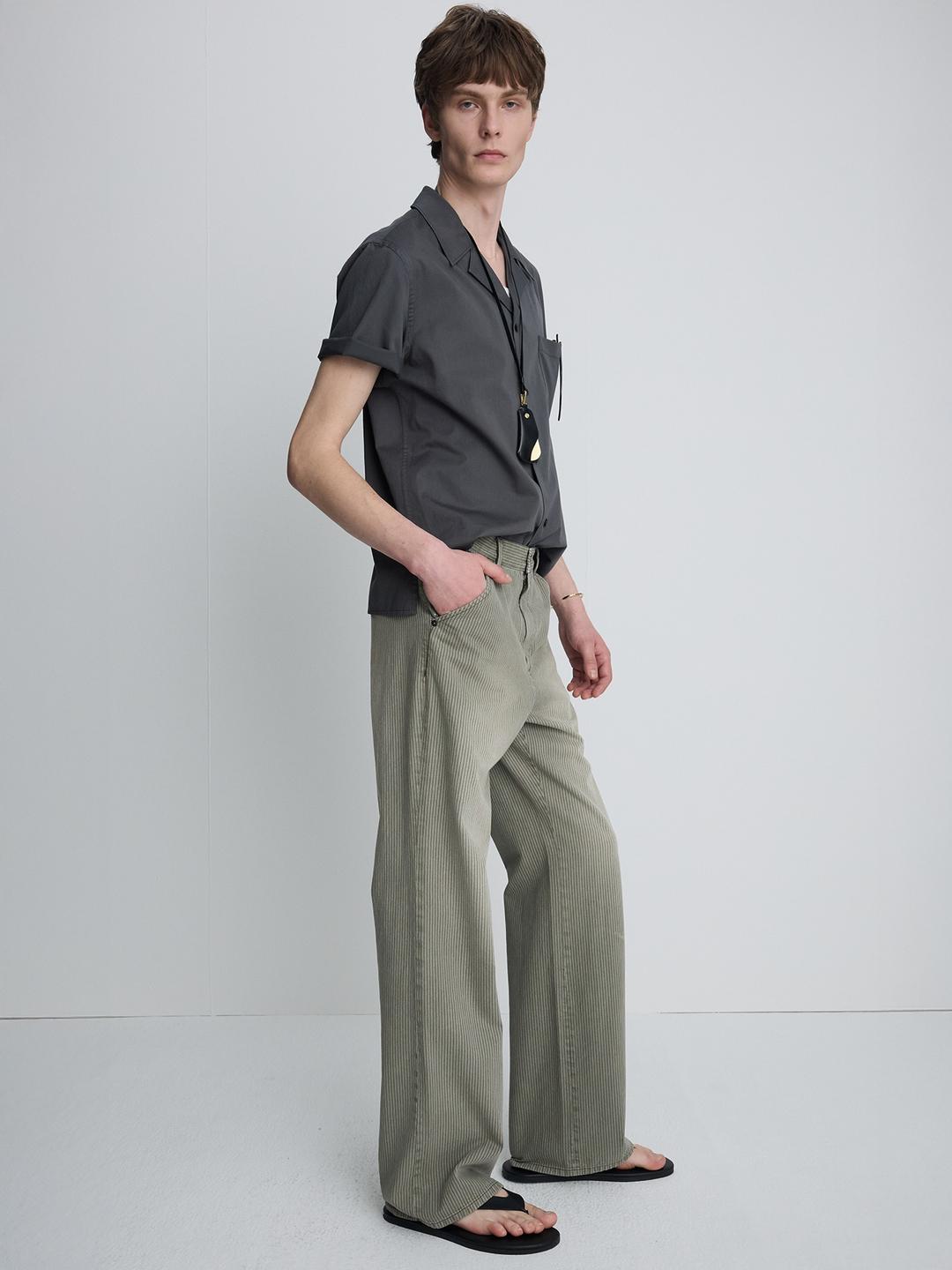 GARMENT DYED STRIPE COTTON FLARE PANTS_ STONE GREY