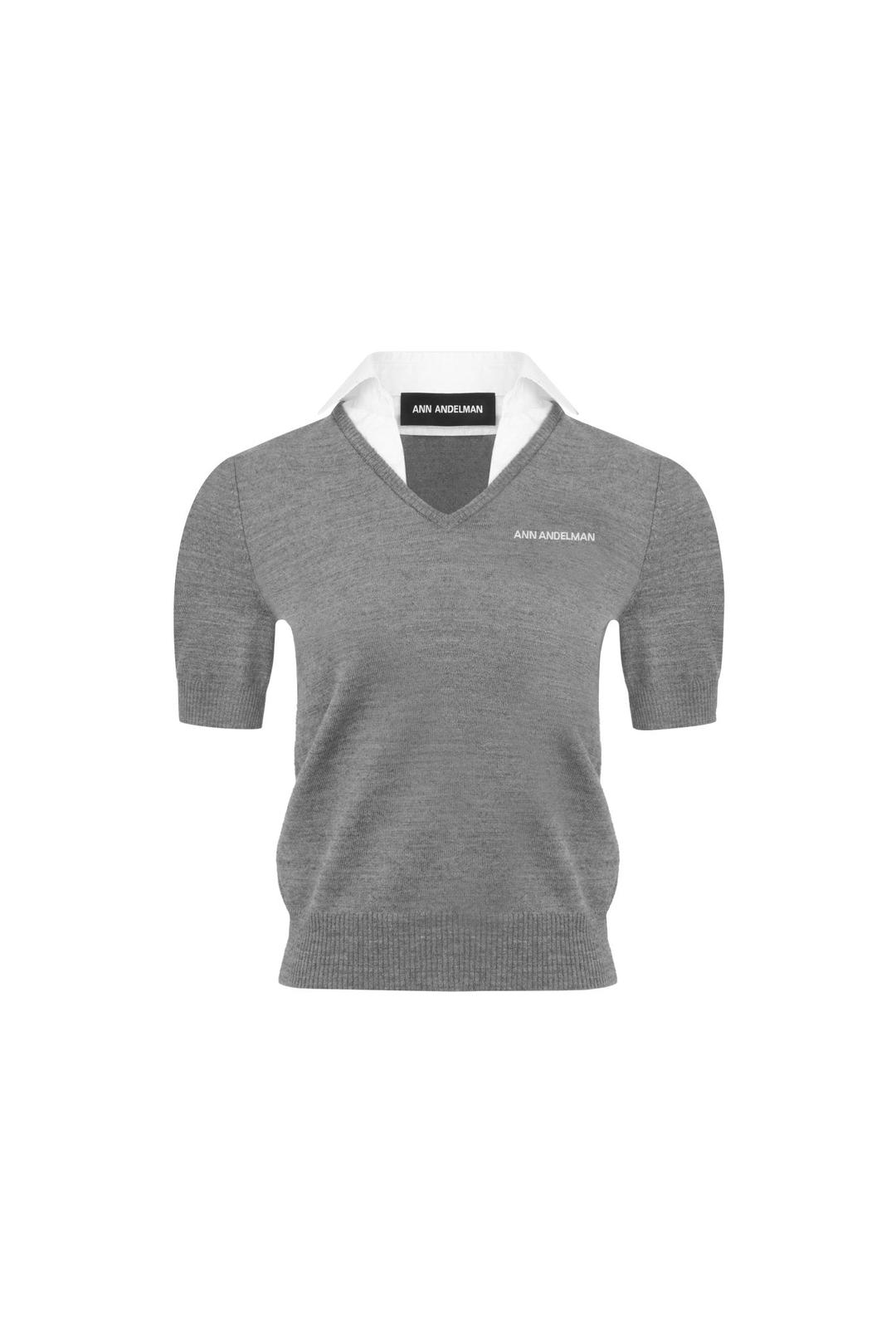 Grey Shirt Collar V-neck Woolen Pullover - XS