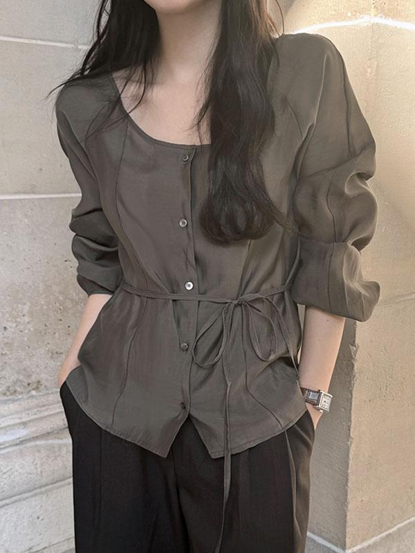 슬로우앤드 [오늘드림🚚/하객룩] made. 레브 딥라운드넥 블라우스 - 2 color