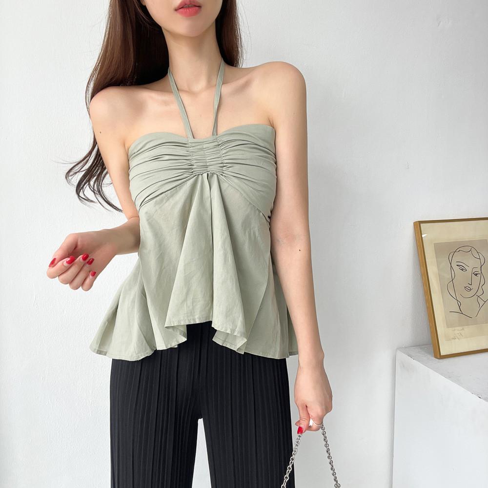 레이디무브 (당일출고) 투웨이 홀터넥 리본 스모크 셔링 탑 나시 블라우스 2color