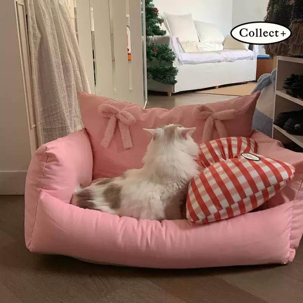 헤이유드 핑크체크 패브릭 강아지 하우스 투톤 고양이 방석 쿠션 집