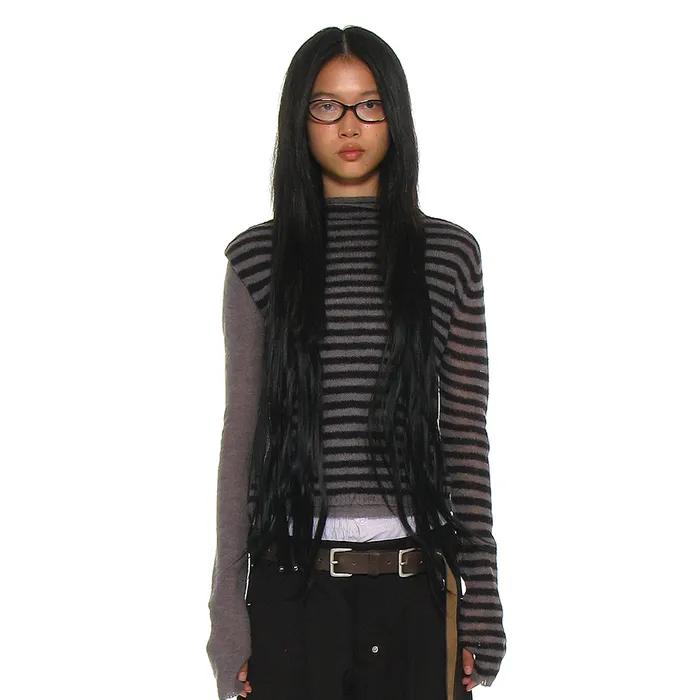 DOUBLE LAYERED MOCK NECK KNIT TOP_BLACK STRIPE