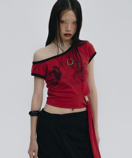Tied One Off Shoulder Ringer Top (DEEP RED)