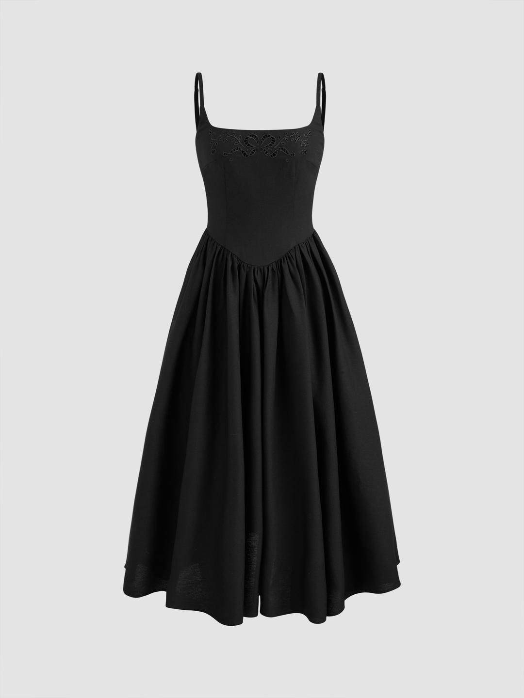 코튼 리넨 스쿱 네크라인 브로데리 앵글레이즈 러플 맥시 드레스