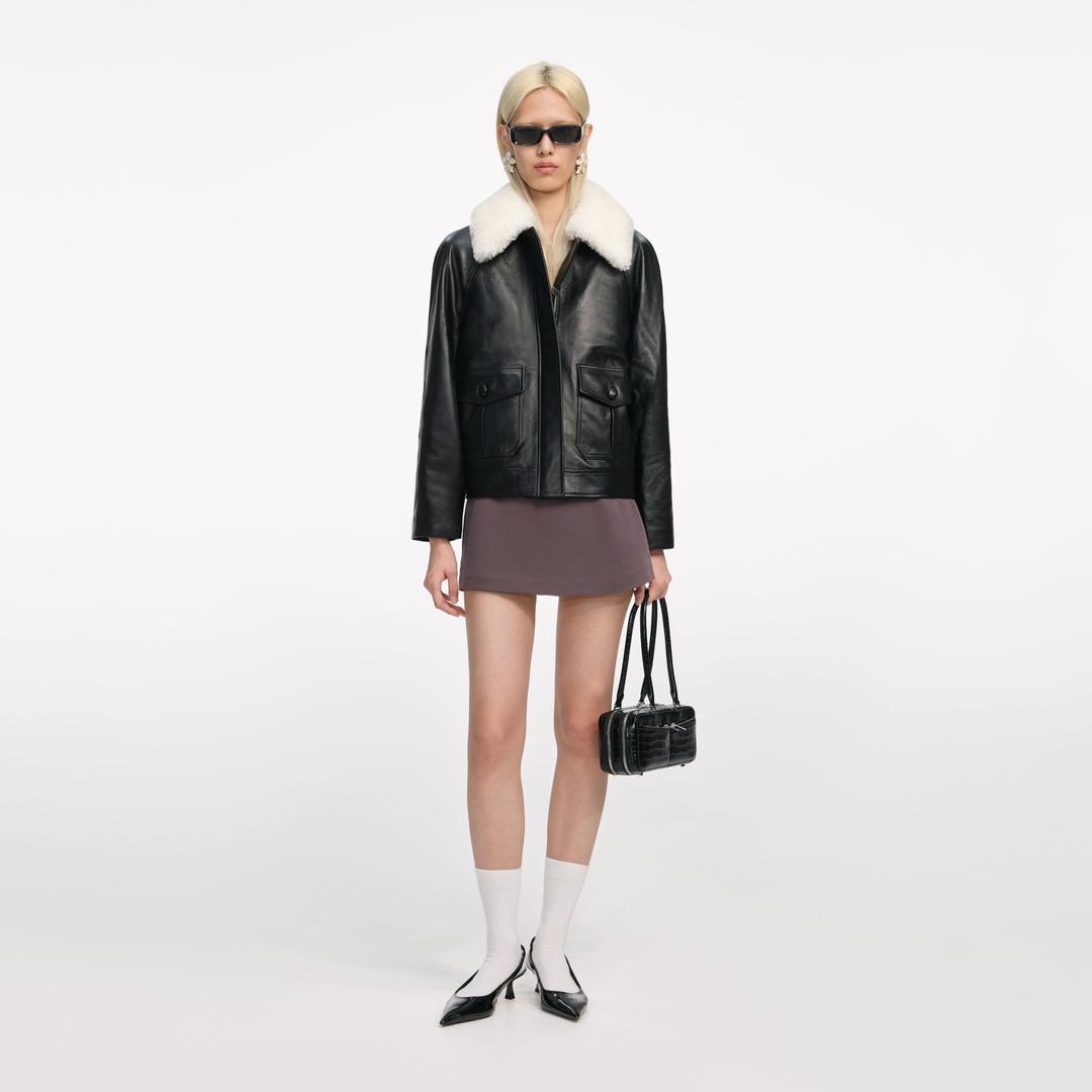 Black Leather Fur Collar Jacket - UK 4