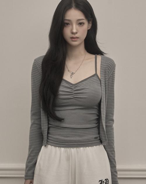 Stripe Cardigan & Sleeveless Set (gray)