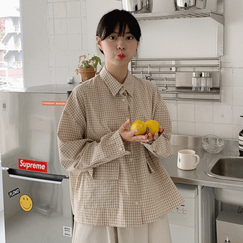 쿠즈 고방 체크 박시핏 포켓 아메카지 셔츠