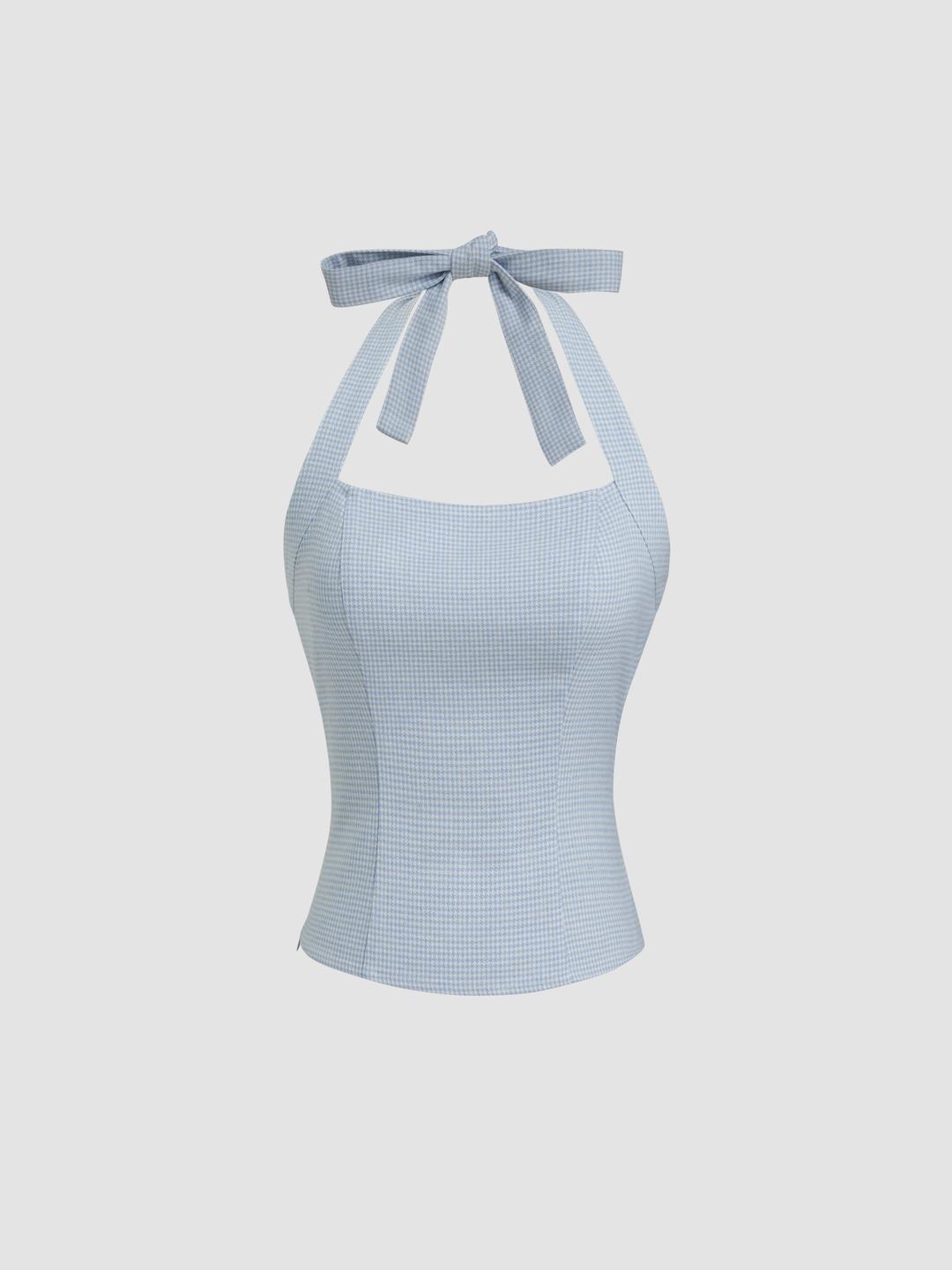 Linen-blend Halter Neckline Houndstooth Knotted Tank Top