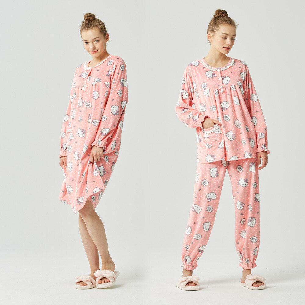 여성잠옷 수면잠옷세트 극세사 원피스 헬로키티 리즈키티 핑크 패턴 여자 겨울 홈웨어