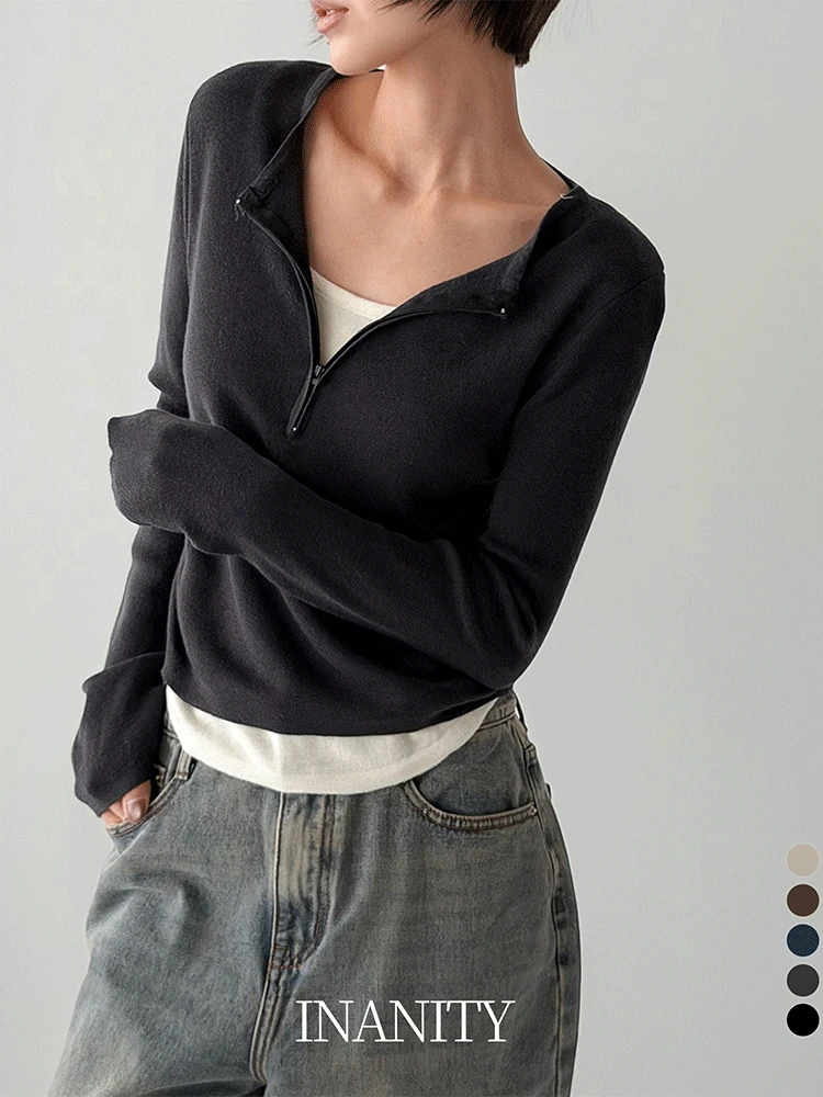 당일출고🚀[MADE/후들] 반지퍼 카라 셔링 레이어드 니트 티셔츠 5color