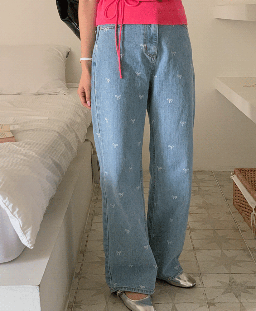 리본 일자 와이드 데님팬츠 m4008