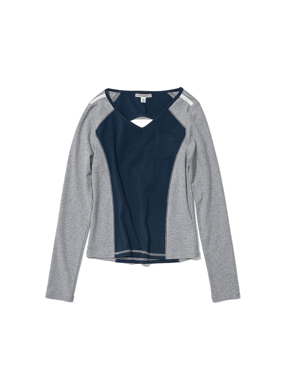 [WOMEN] CUT OUT V-NECK COLORBLOCK LONG SLEEVE TEE_NAVY