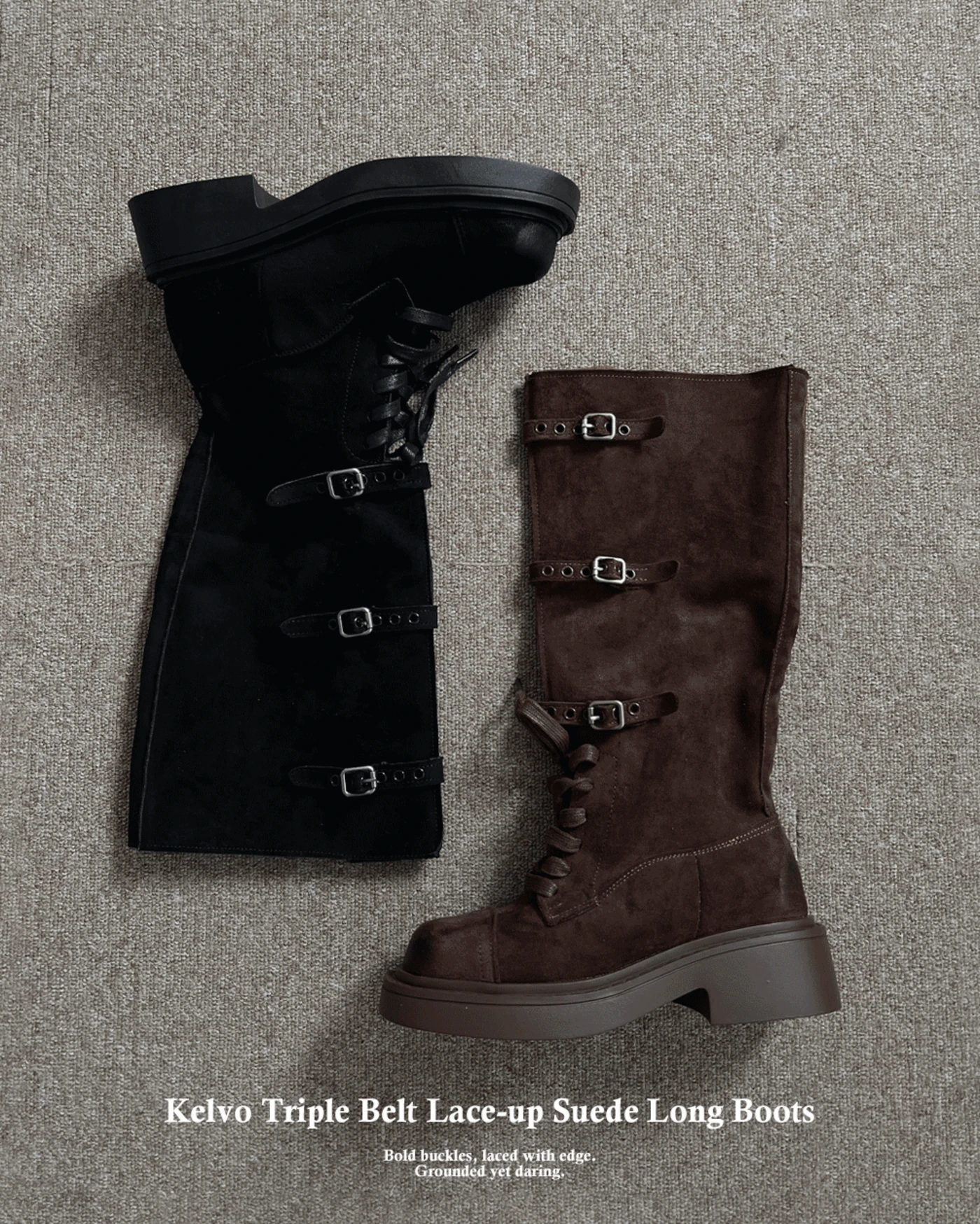 Kelvo 트리플 버클 벨트 레이스업 스웨이드 오버솔 롱부츠 (2color)