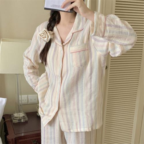 요루면 오색 스트라이프 잠옷 긴팔 빅사이즈 수면 우정 순면 파자마 파티 투피스 세트