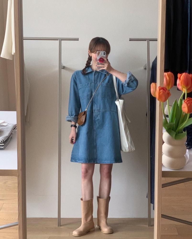 봄 심플 데님 청 원피스 러빈데어