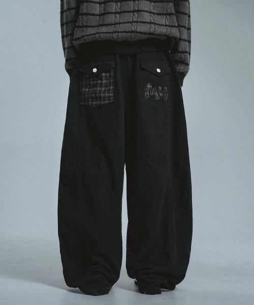 체크 배색 벌룬 코튼팬츠 - 블랙