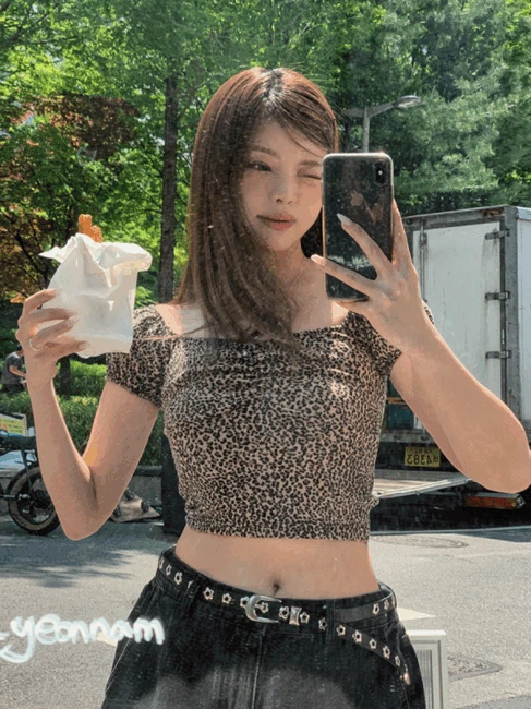 레오파드 셔링 퍼프 오프숄더 반팔