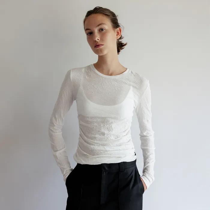 Riga Shirring Long Sleeve Tee (White)