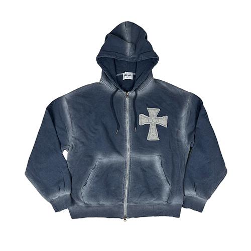 Hell Heaven Cross Vintage Sweat Hood Zip-up ((Grayish blue))