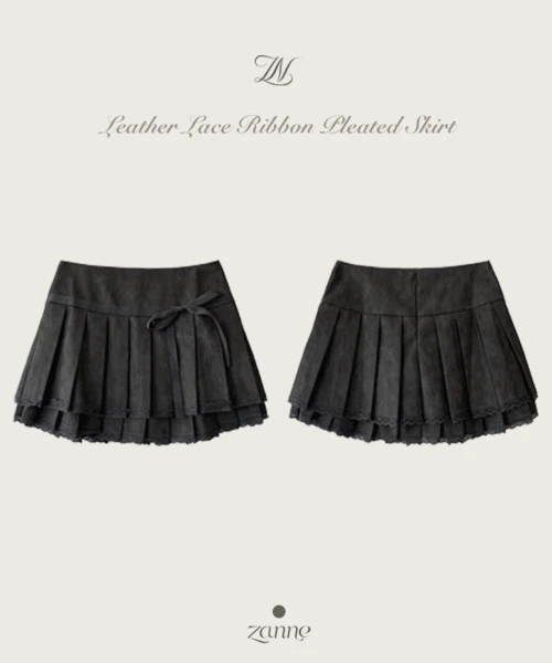 [m 당일발송] 레더 레이스 리본 플리츠 스커트