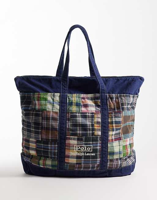 Polo Ralph Lauren Madras patchwork tote bag in navy multi