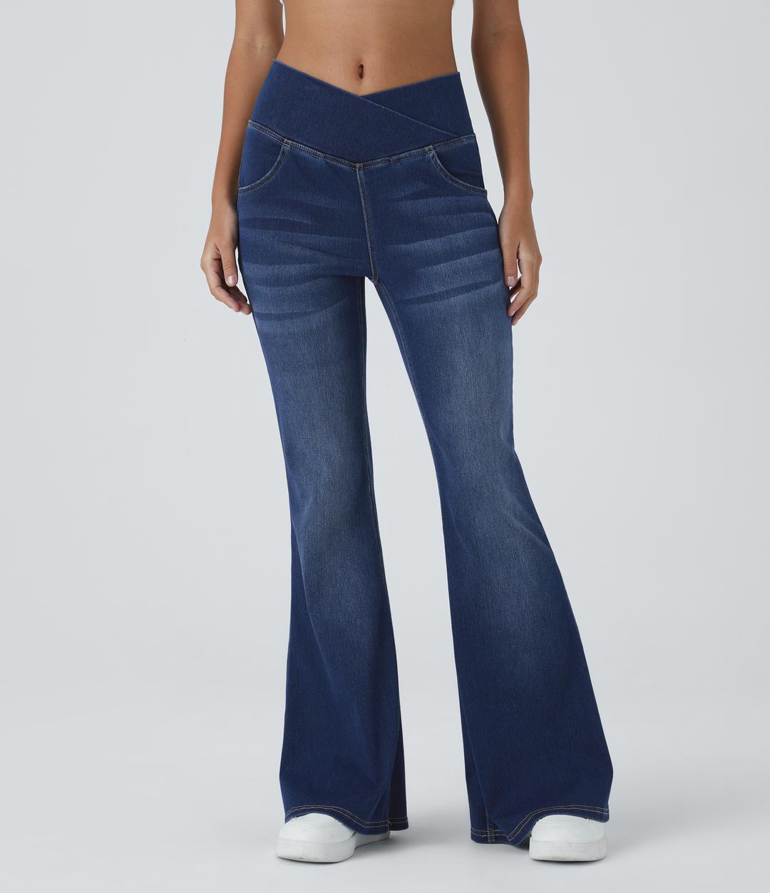 Halara Flex™ 하이웨이스트 크로스오버 포켓 워시드 스트레치 니트 캐주얼 플레어 청바지