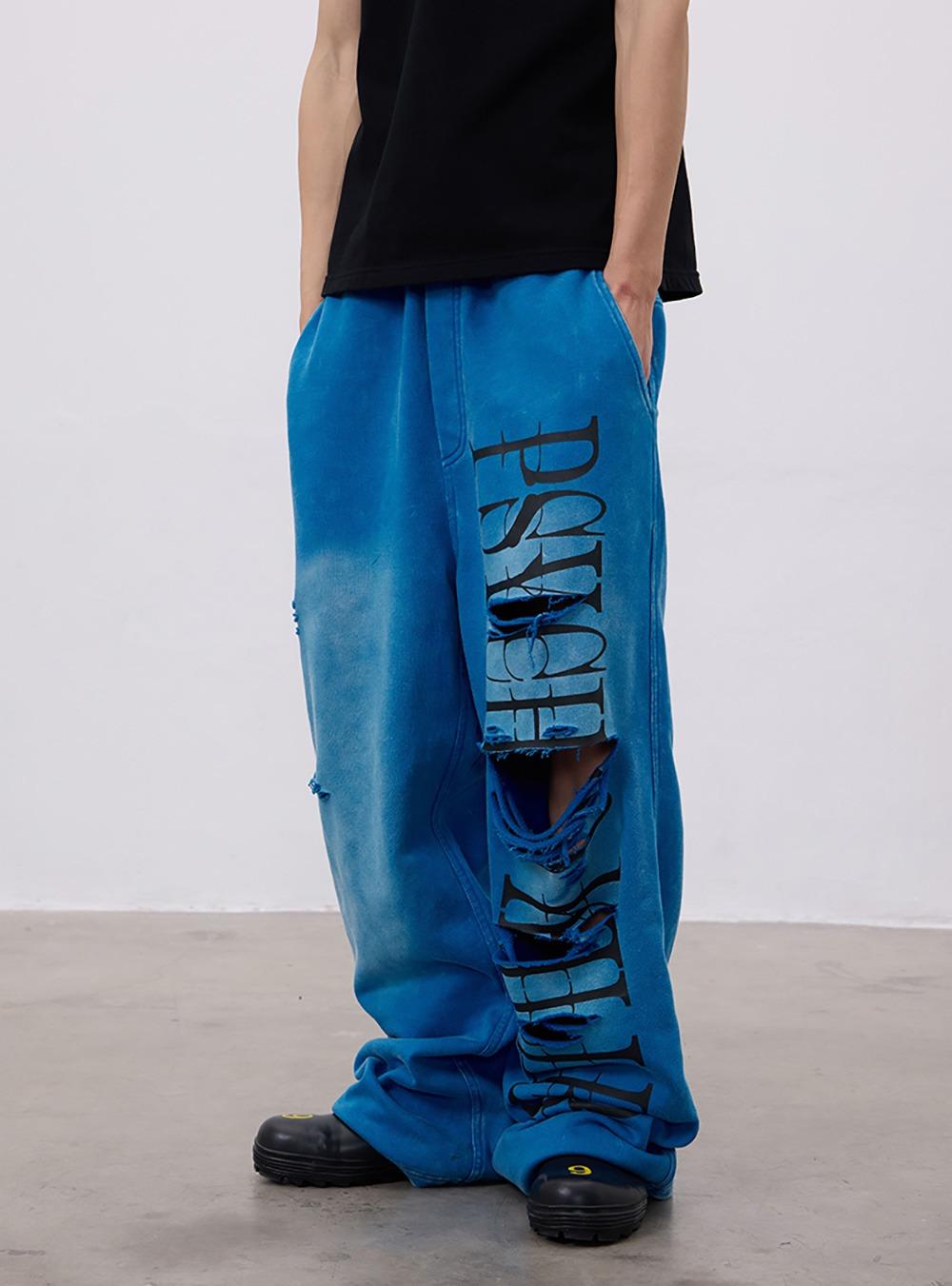Psychokiller Print Distressed Blue Sweatpants