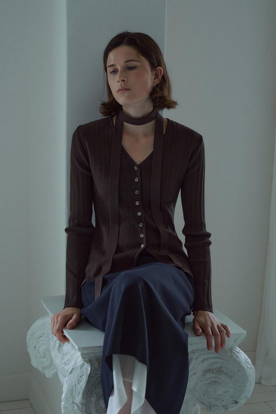 Scarf Ribbed Cardigan[LMBEAUKN285]-Brown