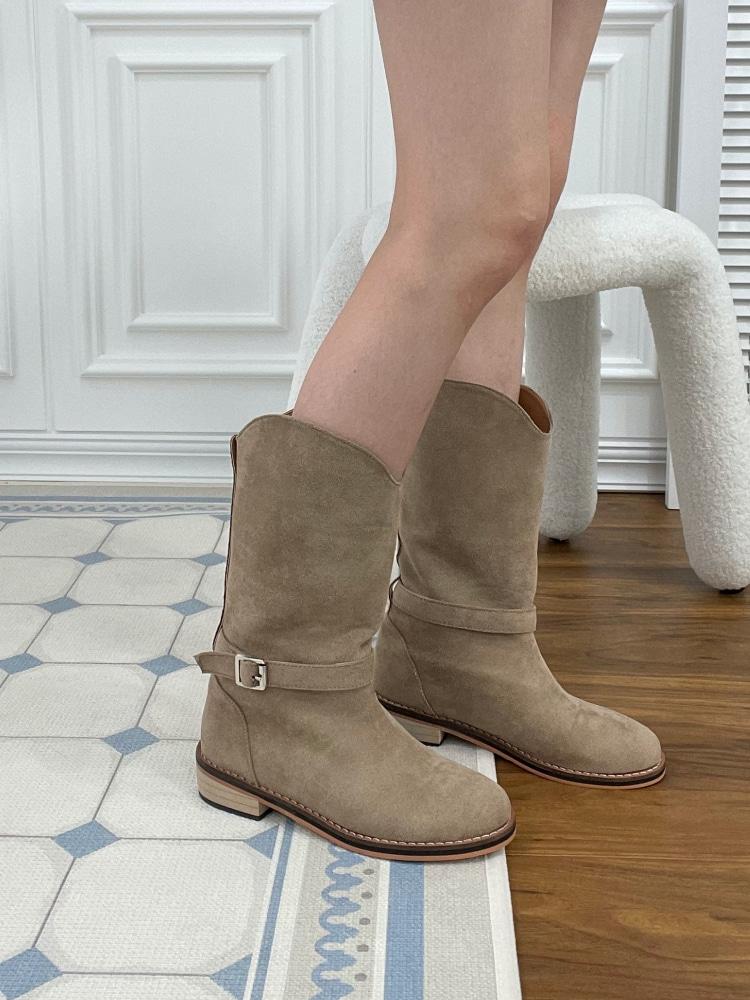 유이르무이 [2천족 돌파] 브레스 스웨이드 라운드 버클 웨스턴 하프 미들 부츠 3.5cm