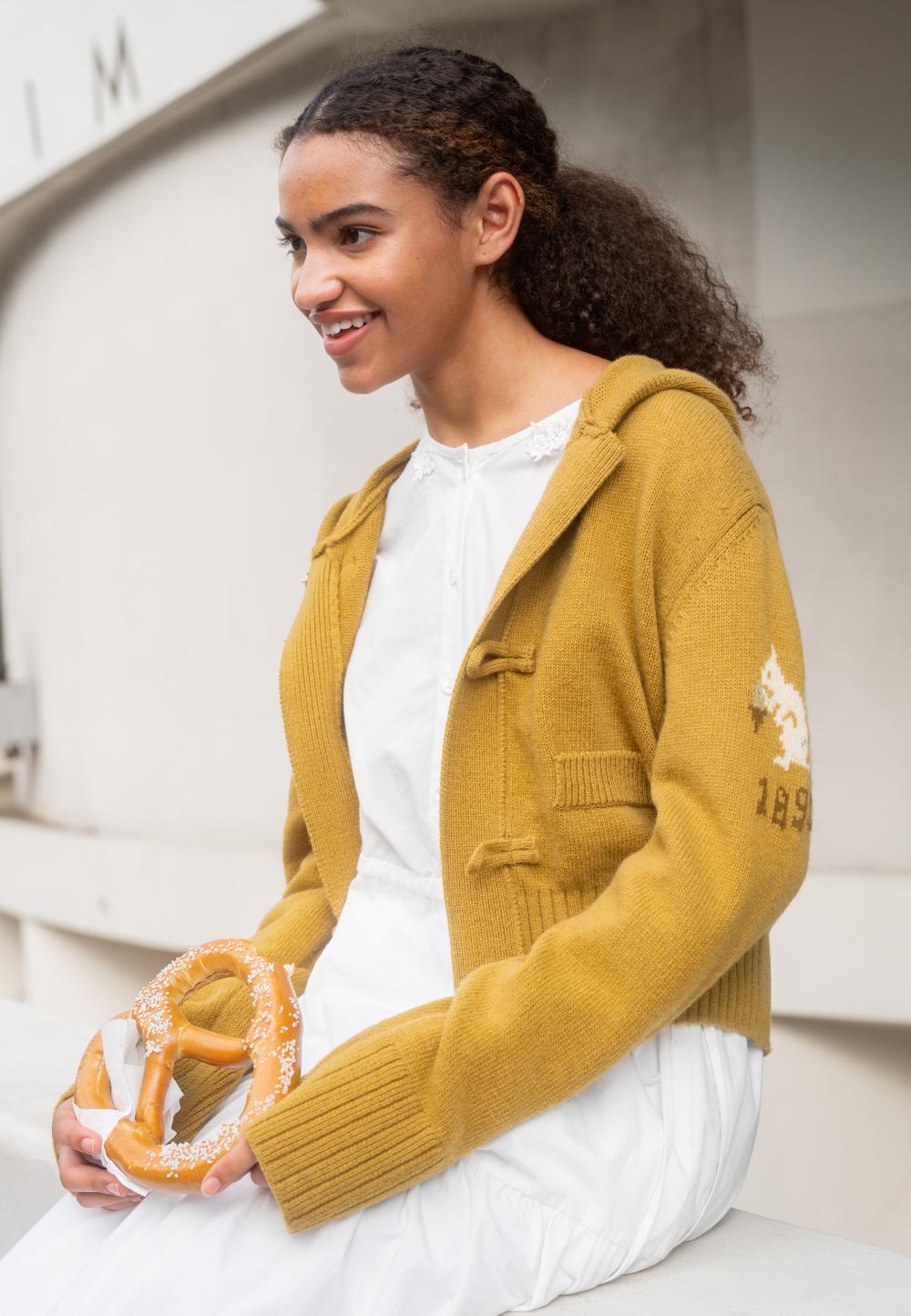 SQUIRREL HOODED DUFFLE CARDIGAN (MUSTARD)