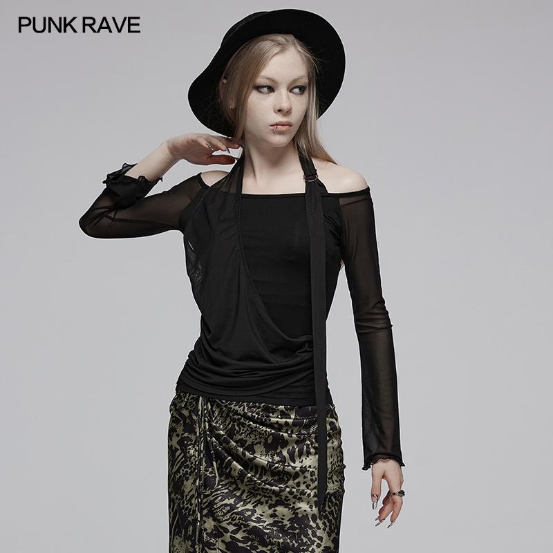 Punk Rave OPT-883TCF Slightly Flared Sleeves For Arm Modification Off Shoulder Halter Neck Elastic Mesh Long Sleeve T-Shirt
