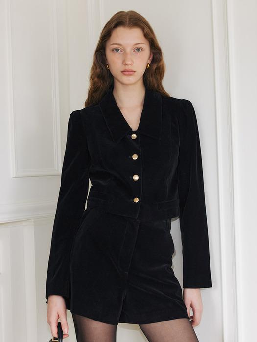 [SET]CIARA Classic collar detail velvet crop jacket + LEO Velvet shorts (Black)