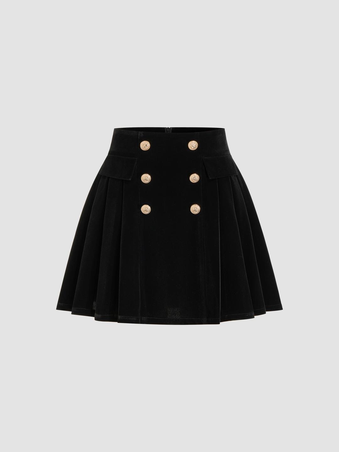 Velvet High Rise Double Breasted Pleated Mini Skirt