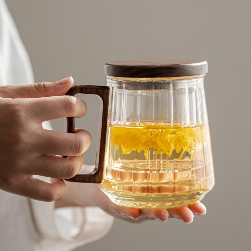 [티이야기 펌킨 티머그] 차우리는컵 차거름망 머그컵 내열유리 강화 투명 우드 뚜껑 명품