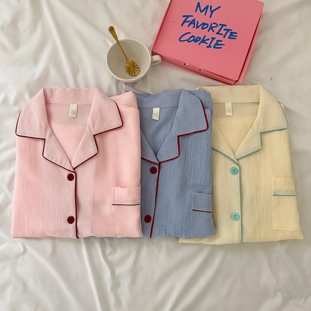 무지 여성 빅사이즈 잠옷 봄 가을 긴팔 지지미 시어서커 잠옷