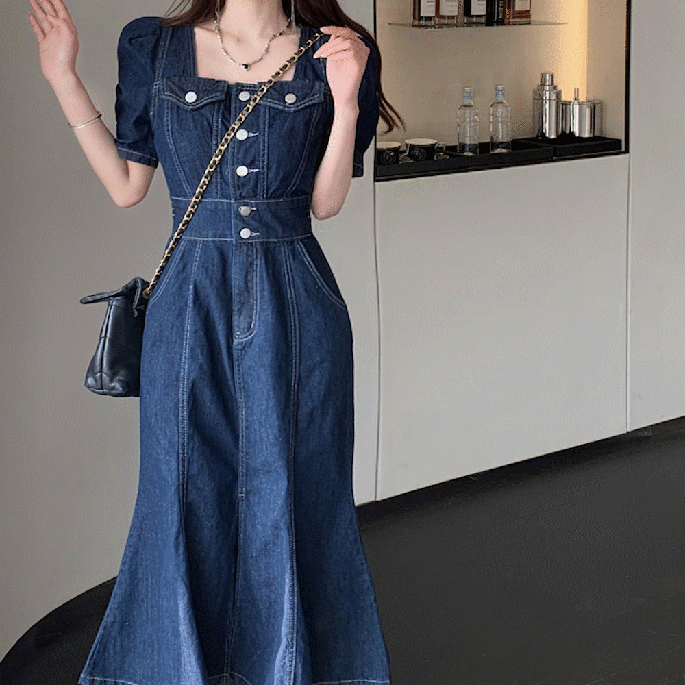 [ 여름신상/데이트룩/청청코디] 청원피스 데님 5부반팔 스퀘어넥원피스 퍼프소매 머메이드라인 핀턱스커트 빅사이즈 데님원피스 흑청  ~2XL 4XL (20대 30대 데일리룩 꾸안꾸 여친룩)