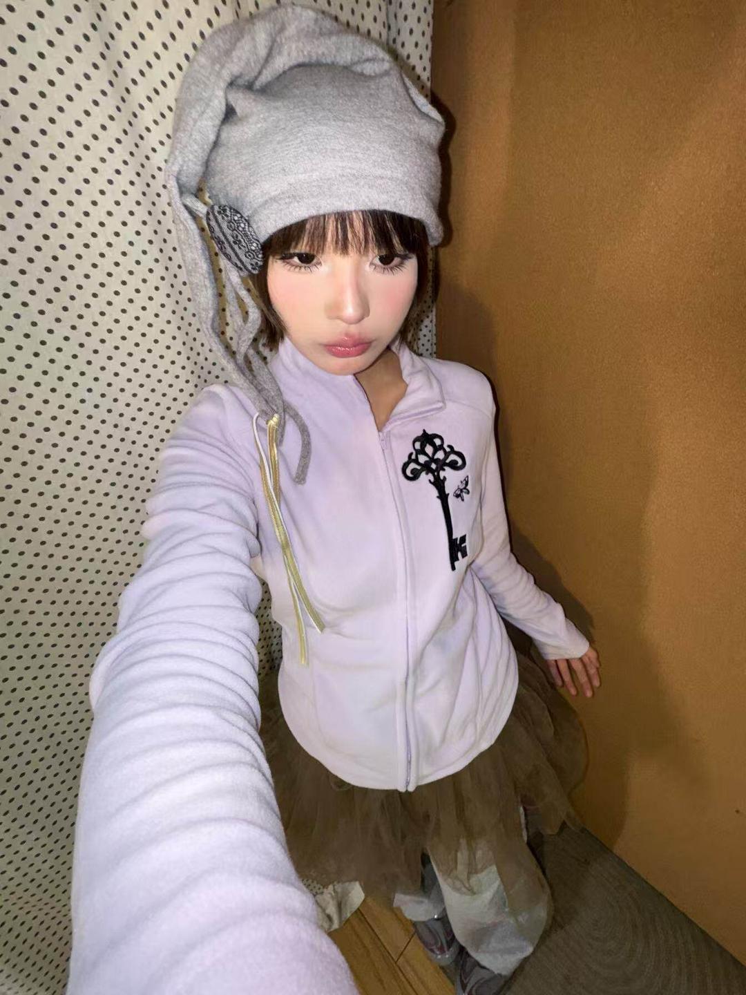 Zenlulu Purple Key Embroidered Fleece Jacket