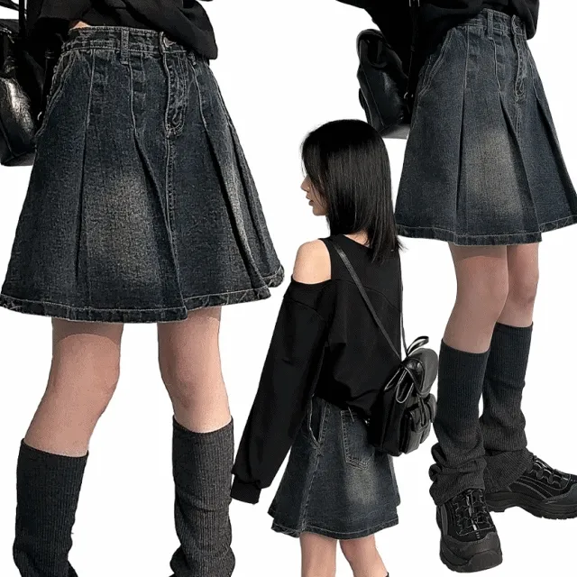 [Y2K/모델강추🖤] 빈티지 워싱 플리츠 데님 미디 스커트