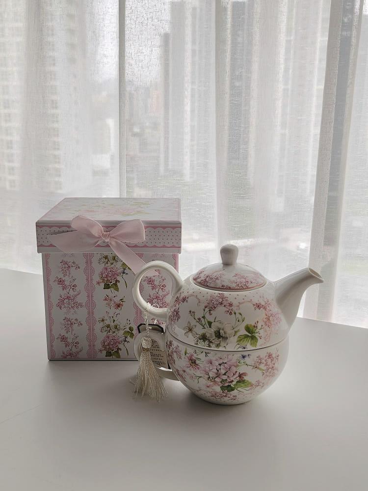 고급 플라워 홍차 도자기 1인 티팟세트 선물상자 포함 티포원 차주전자 홍차잔 집들이선물 에프터눈티