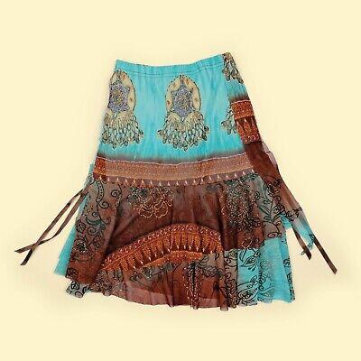 KIABI Vintage Y2K Skirt Aztec Print Lettuce Hem Frilly Ruffles Mesh - size S-M