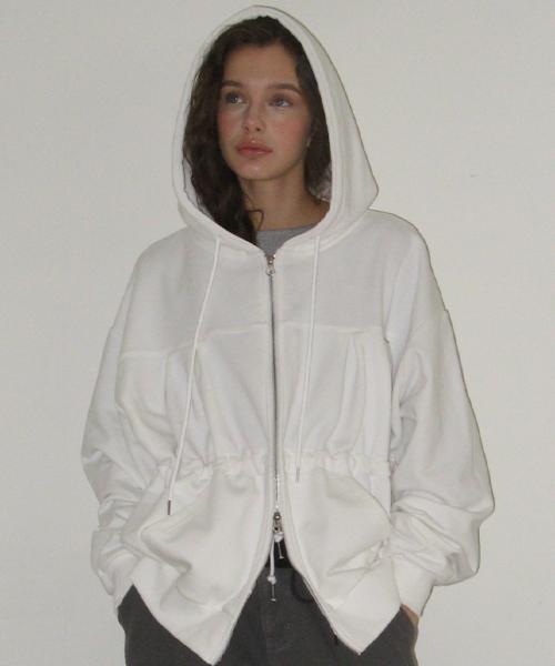 PENDANT SHIRRING HOODIE ZIP UP WHITE
