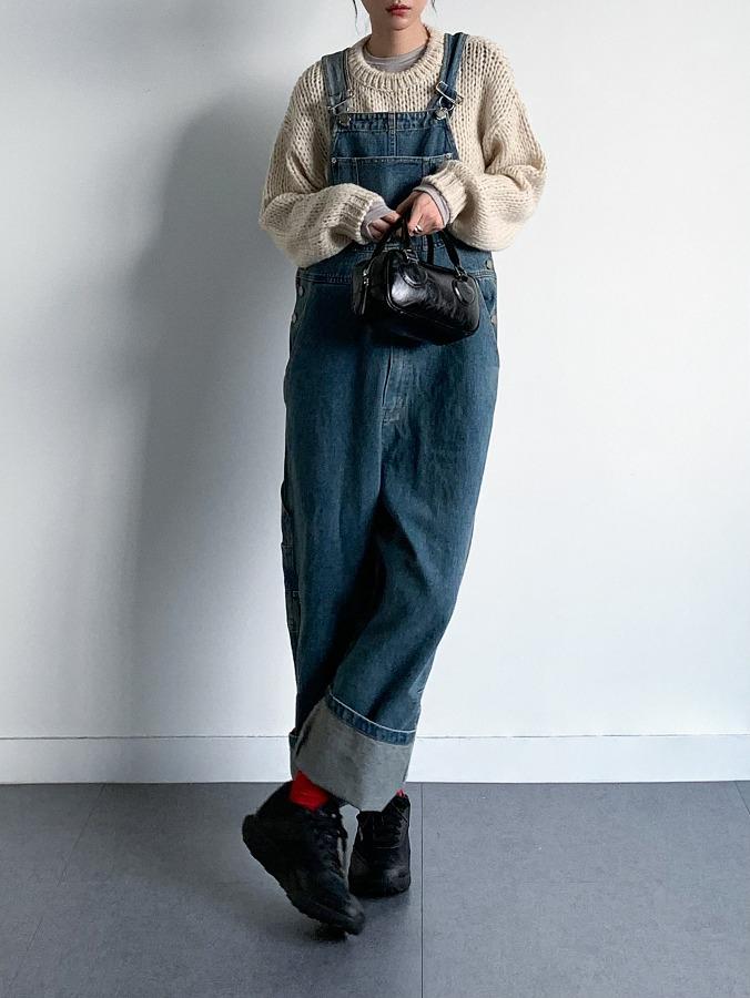 멜빵 롱 와이드 데님 오버롤
