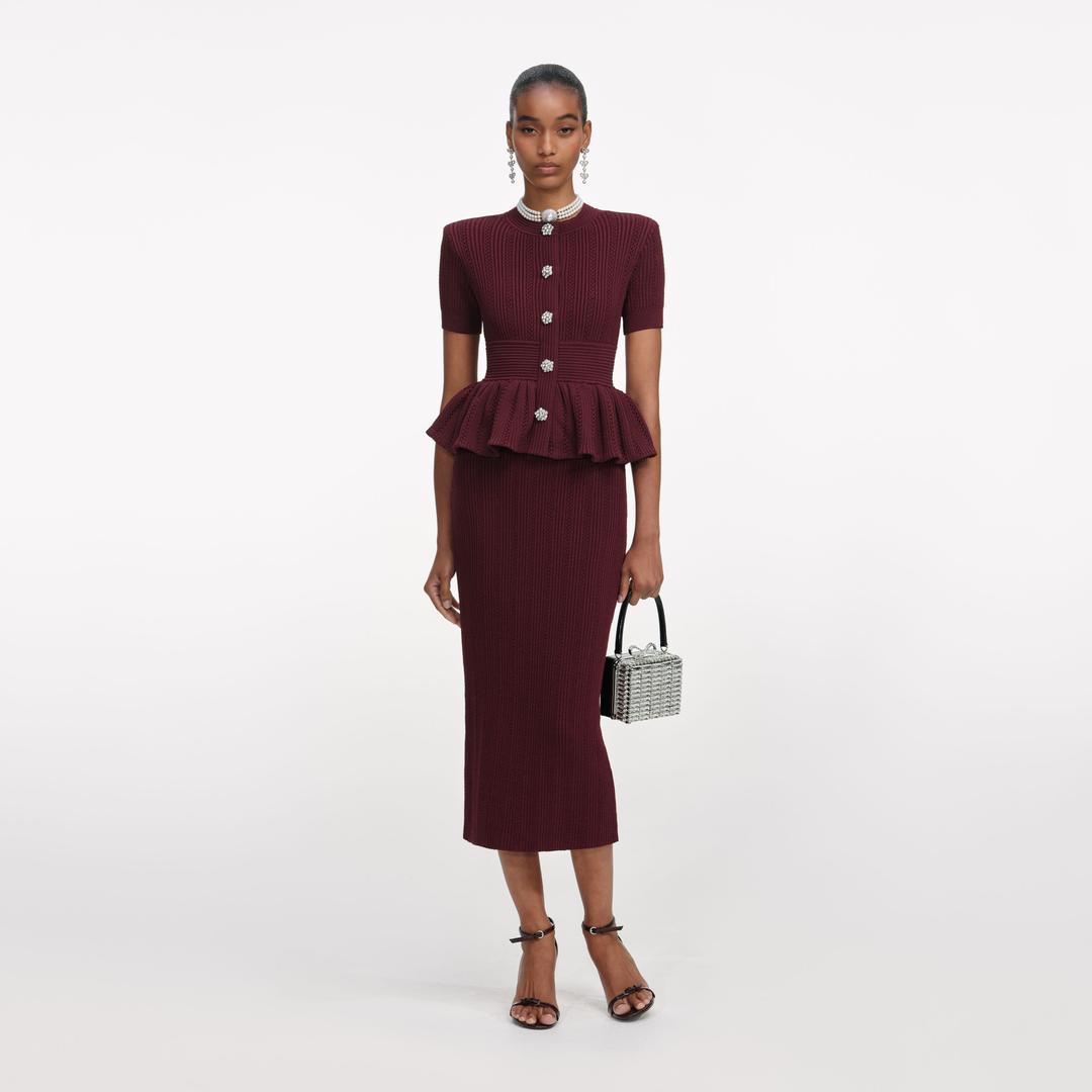 Burgundy Pointelle Knit Midi Dress - XS