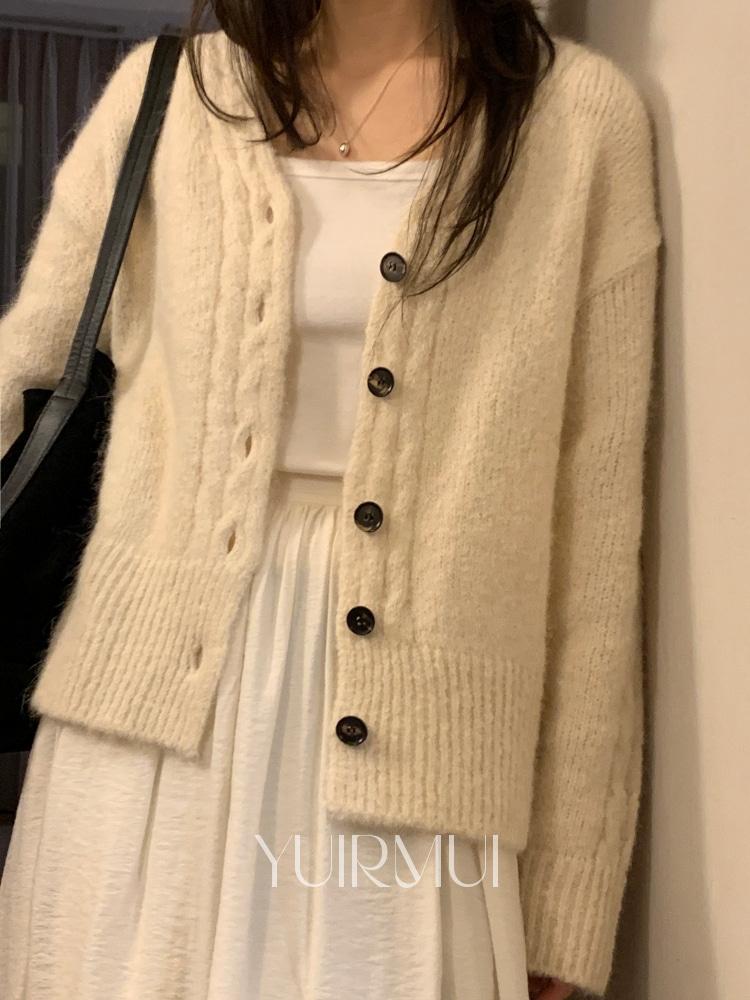 miel 미엘 와일드 알파카65 꽈배기 루즈핏 브이넥 니트 가디건 3color