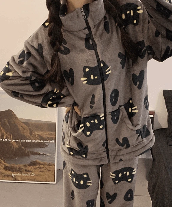 라리리 긴팔 블랙캣&라인도그 수면 집업 잠옷 상하세트