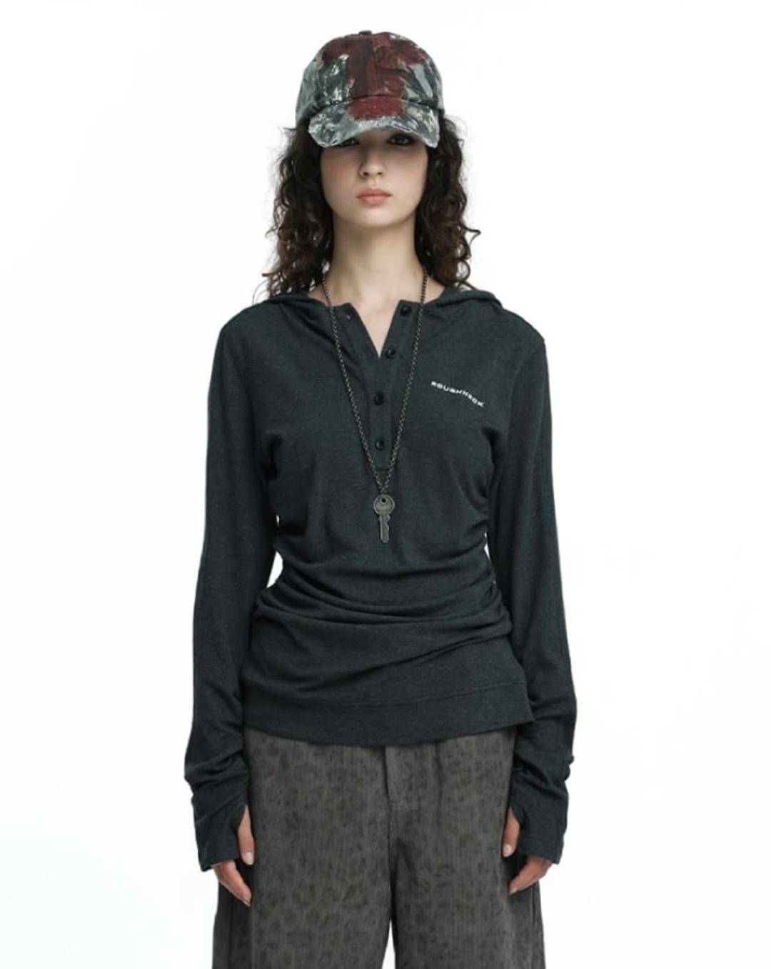 러프넥 Henley Hooded 롱슬리브 탑 그레이 S | 후루츠패밀리